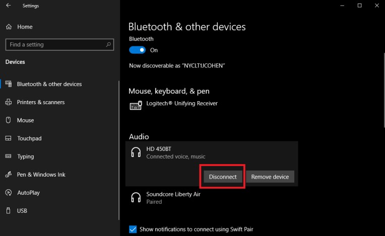 Disconnect headphones in windows 10